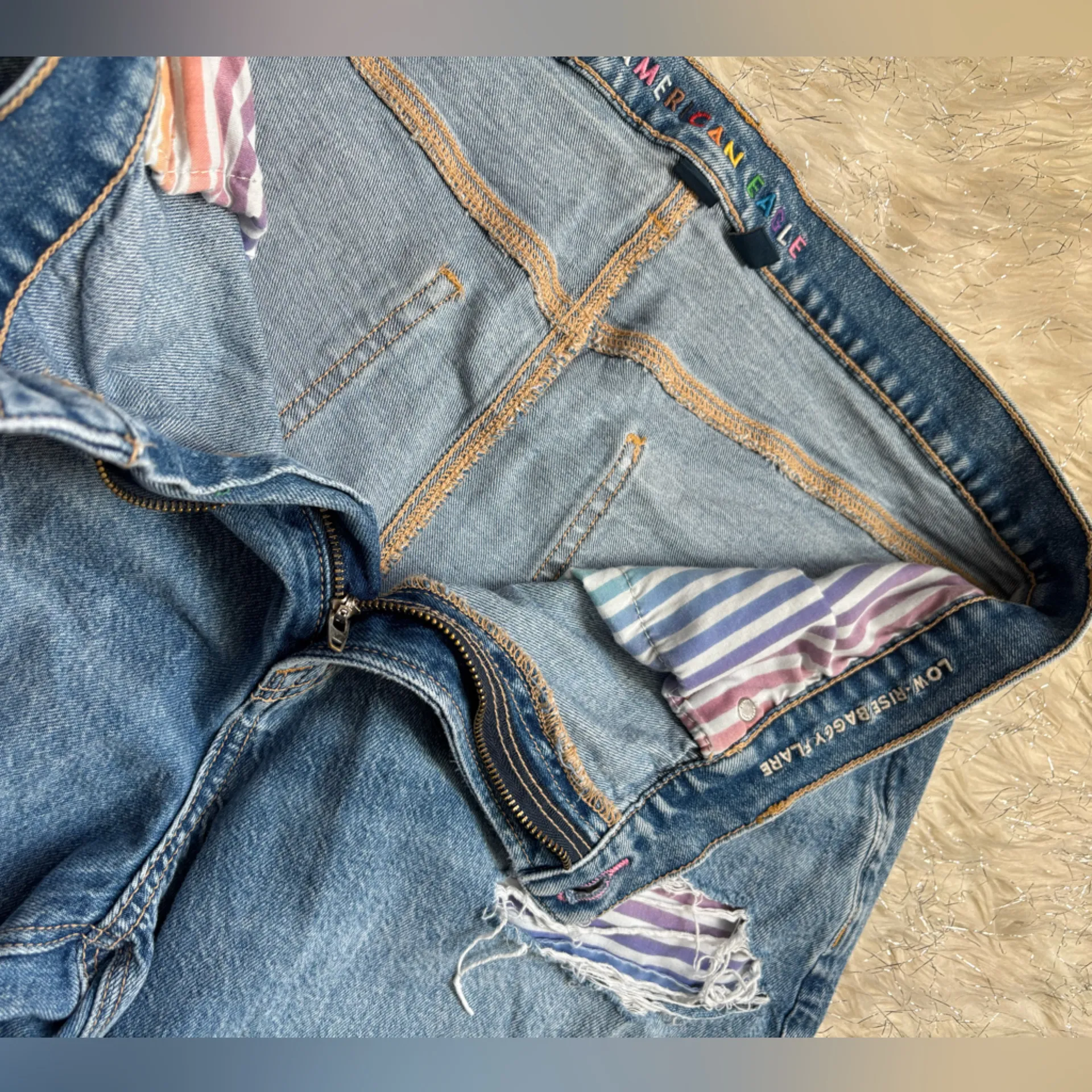 American Eagle Women’s Blue Pride Low Rise Baggy Flare Distressed Jeans Size 14 - Image 8