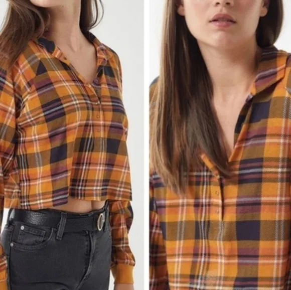 Urban outfitters cropped plaid shirt sz l - Image 2