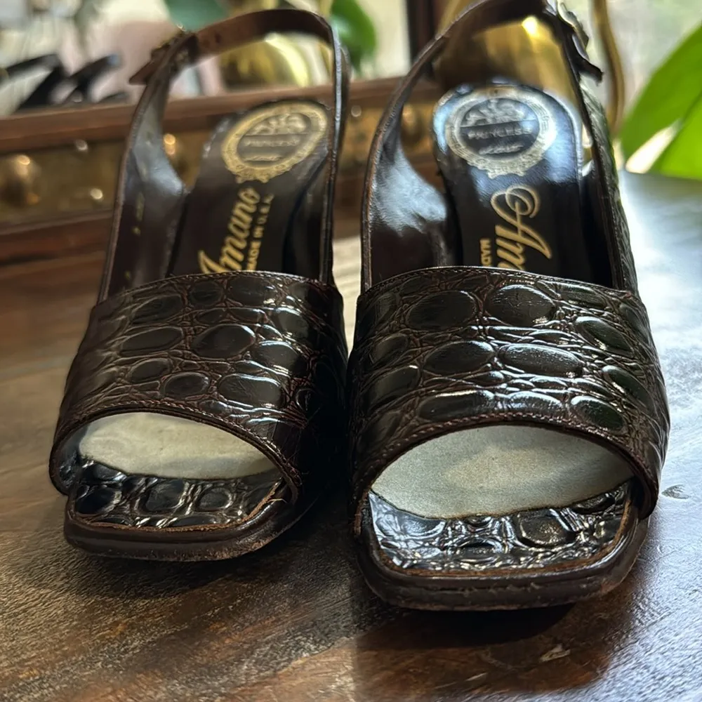 Amano Vintage Princess Last Peep Toe Brown Sling Back Heel Shoes Size 8 N - Image 12