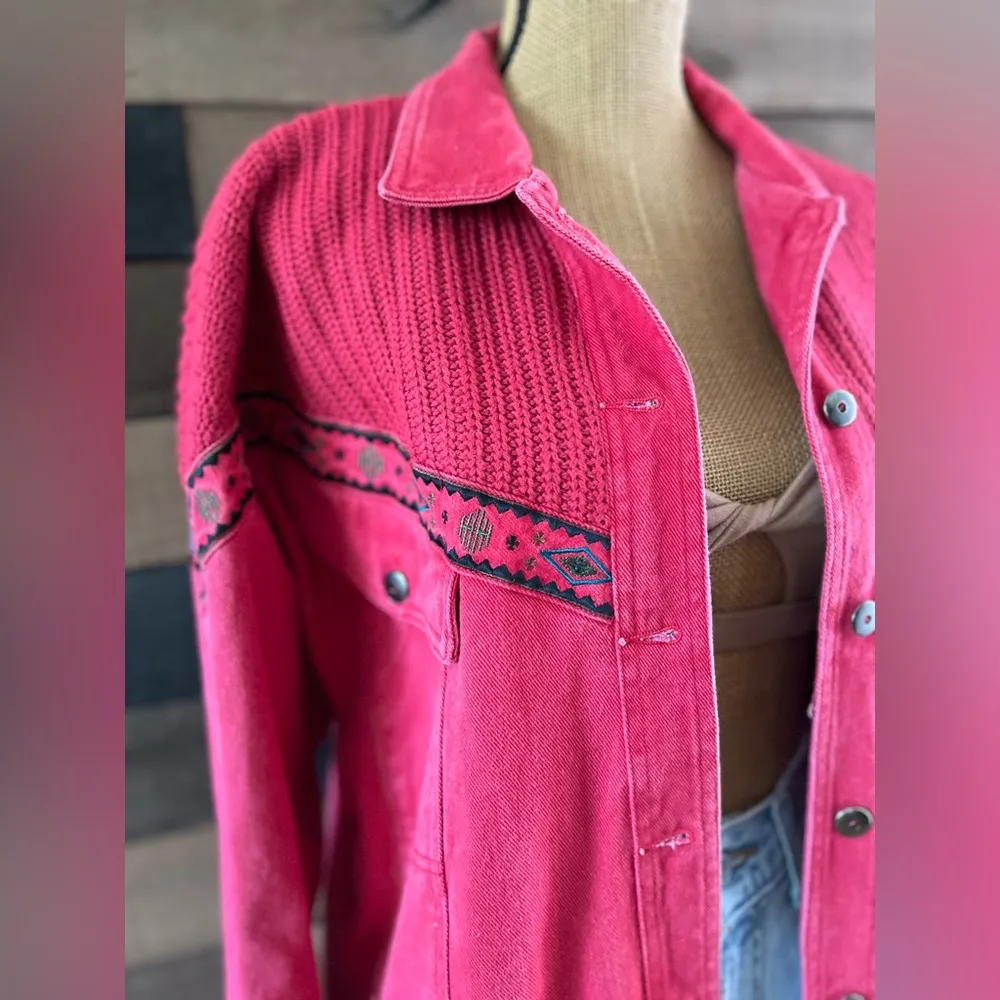 Vintage 90s Together Western Red Southwestern Knit Sweater Denim Jacket Size M - Image 10