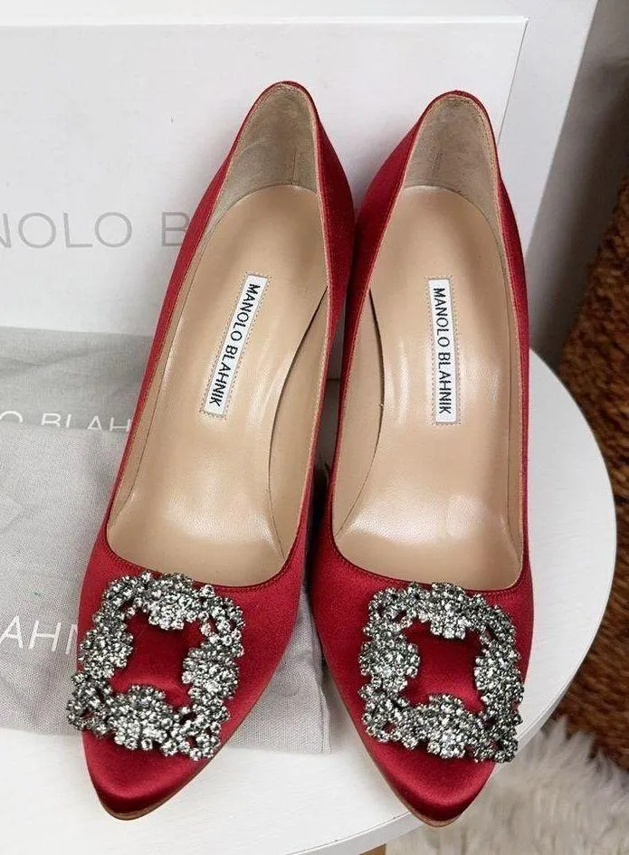 NIB Manolo Blahnik Wine Red 105mm Hangisi Satin Pumps Size 37.5 - Image 12