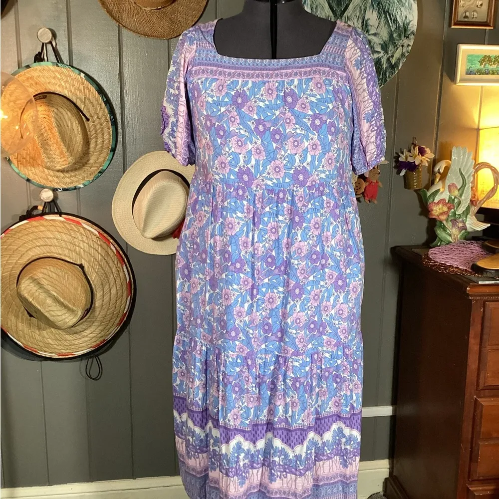 THML Purple Pink Square Neck Tropical Flamingo Floral Midi Dress Large - Image 4