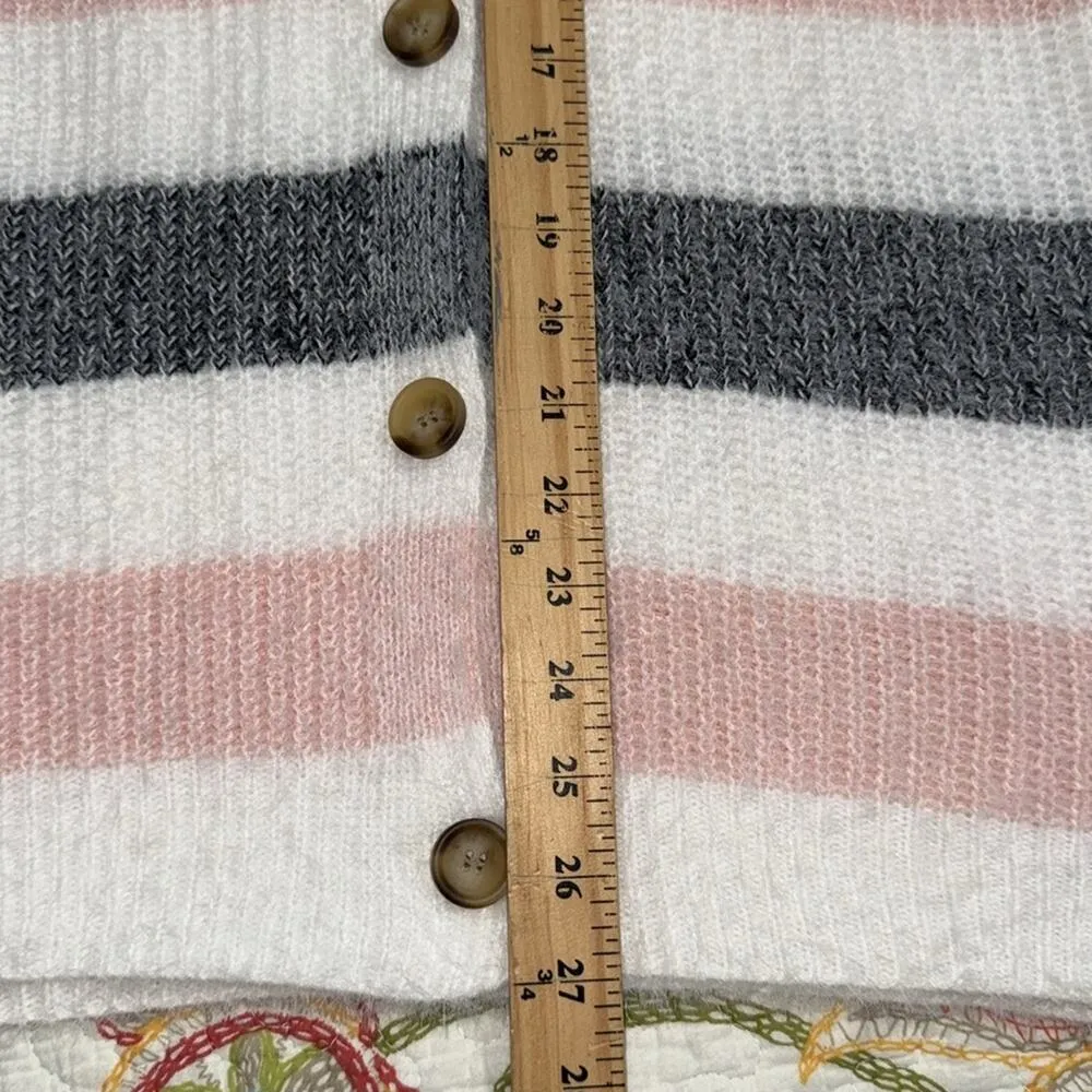 SHEIN size large women's striped cardigan v-neck sweater pink grey soft light - Image 2