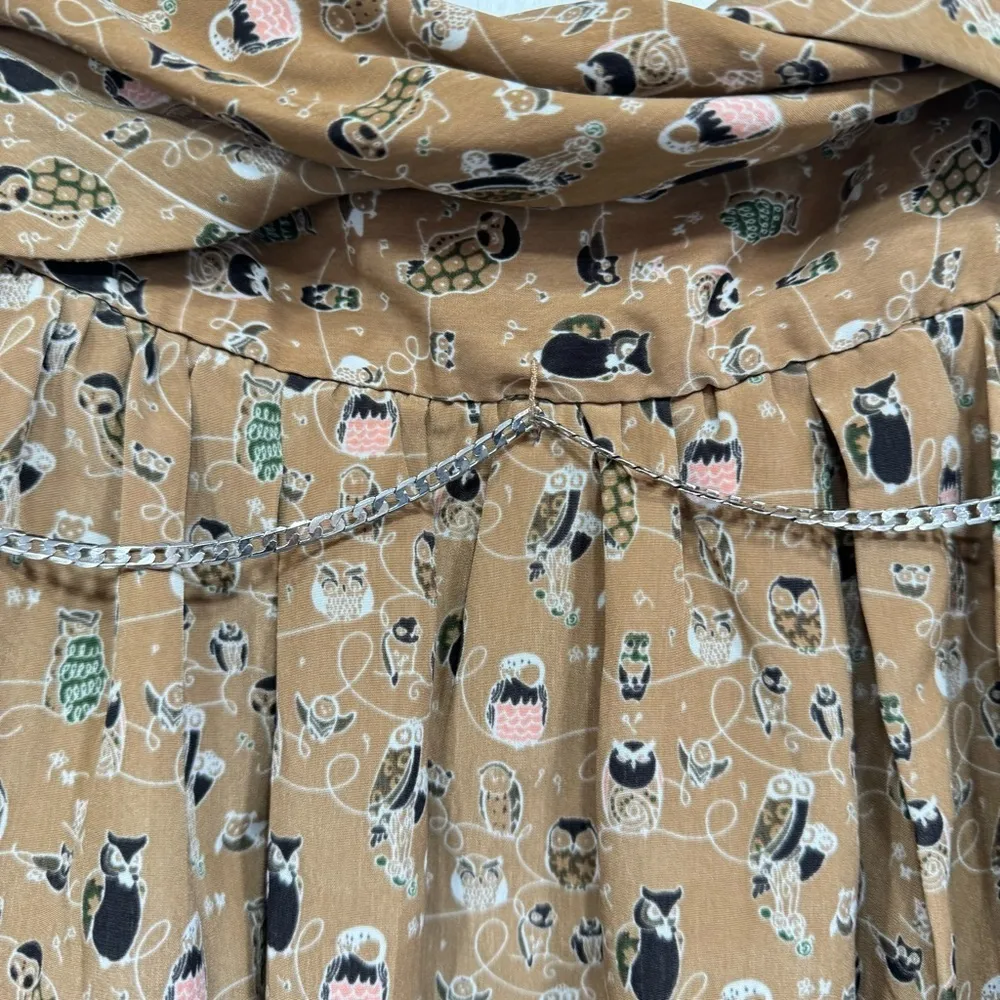 Owl Print Pleated Brown Mini Skirt w Pockets Removable Silver Chain Belt by Lily Size L - Image 7