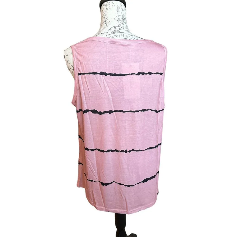 New Bloomchic Pink Black Striped Print Pocket V-neck Tank Top 1X Plus 14/16 - Image 3