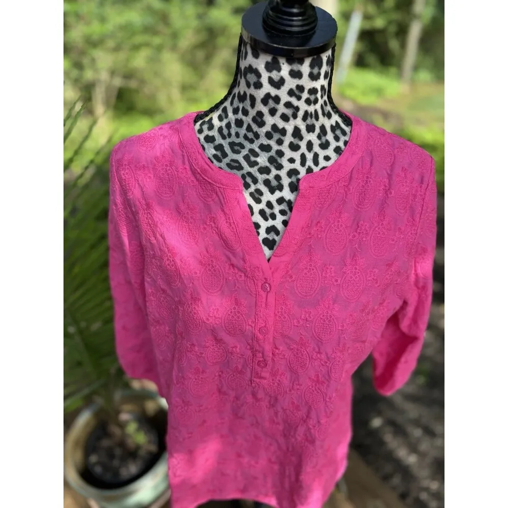 Talbots Blouse Sz Lp Henley Popover Cottage Embroidered Pineapples Pink Cotton - Image 10