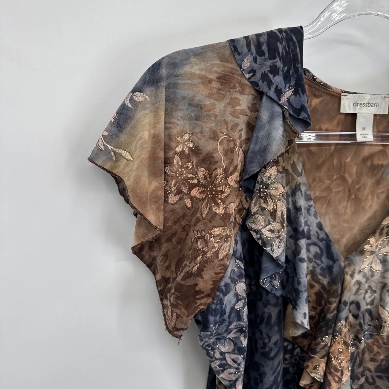 Vintage Y2K Dressbarn Top Womens Medium Brown Gray Grunge Fairy Ruffle Sparkle - Image 5