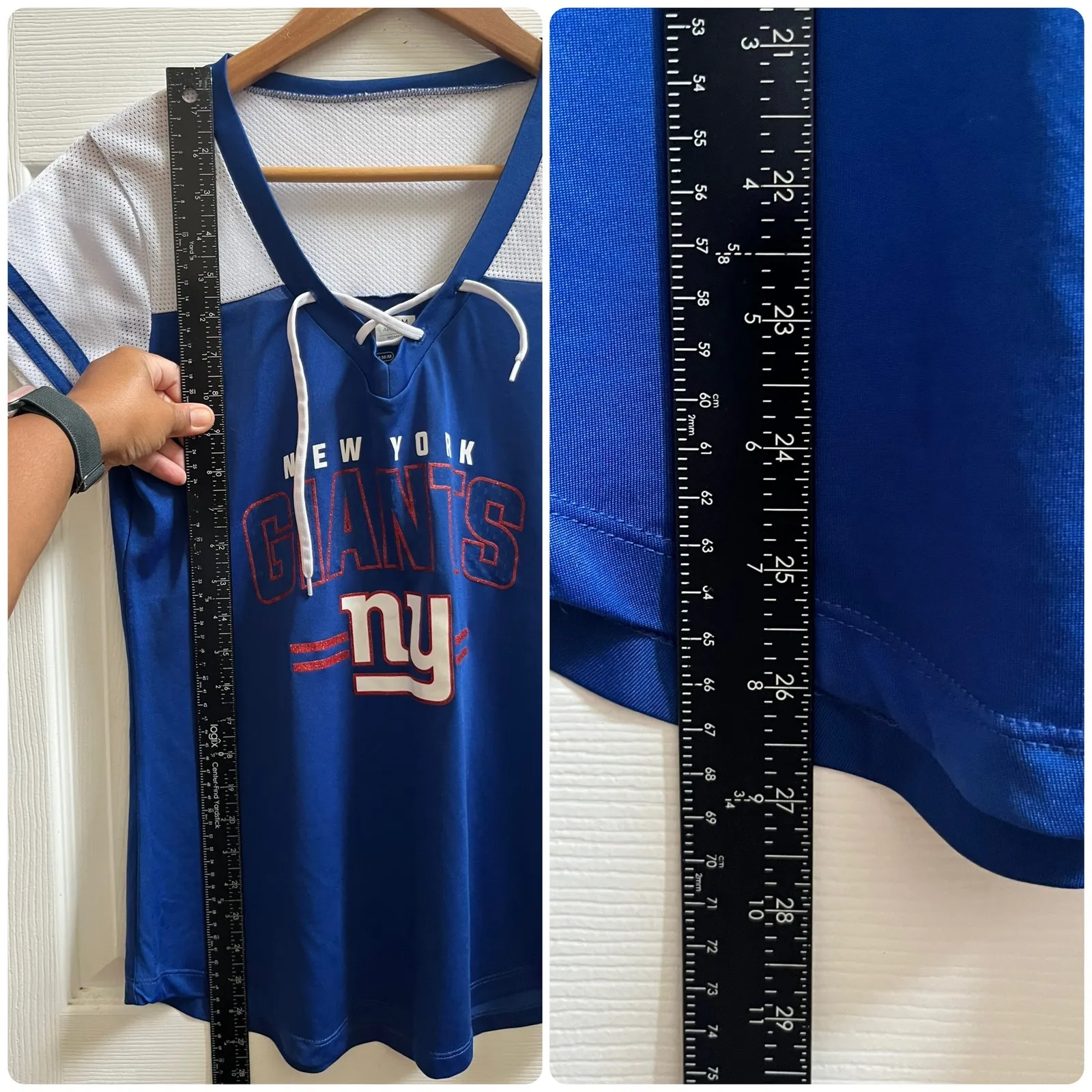 NFL Team Women’s New York Giants NY Mixed Media V Neck Tie Detail Top Medium Blue - Image 8