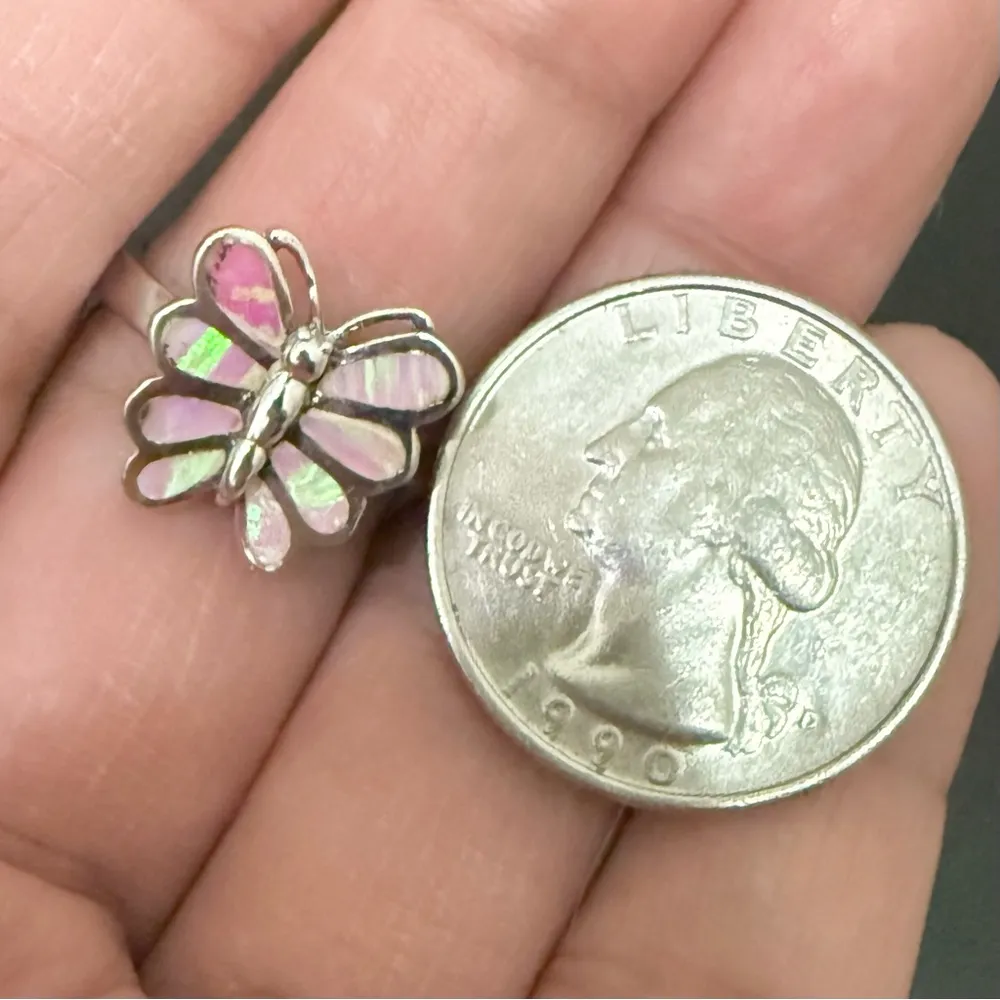 925 Sterling Silver Iridescent Pink Opal Inlay Butterfly Ring Size 7 4g. - Image 14