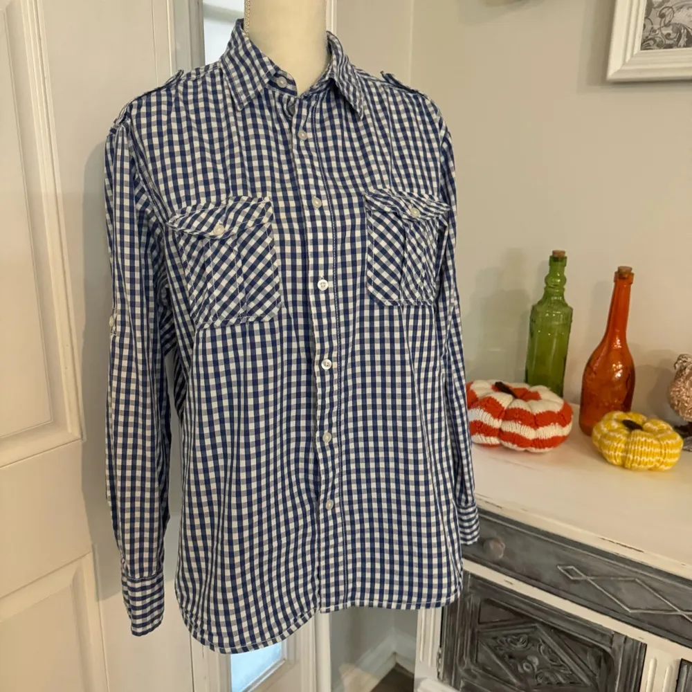 PD&C Checkered Pattern button down Shirt size medium Blue - Image 2