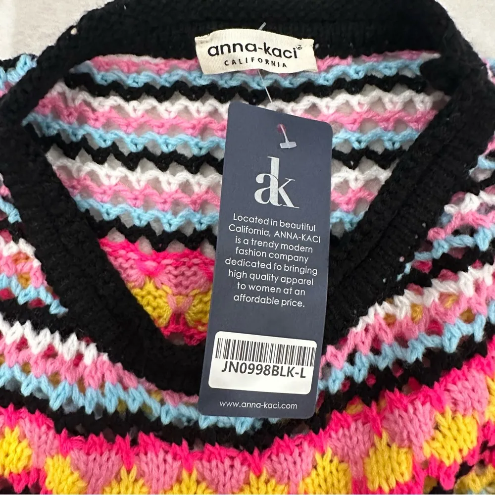 Anna Kaci Cut Out Knitted Boho Sweater Colorful Striped Knit Sweater Pink Size L - Image 9