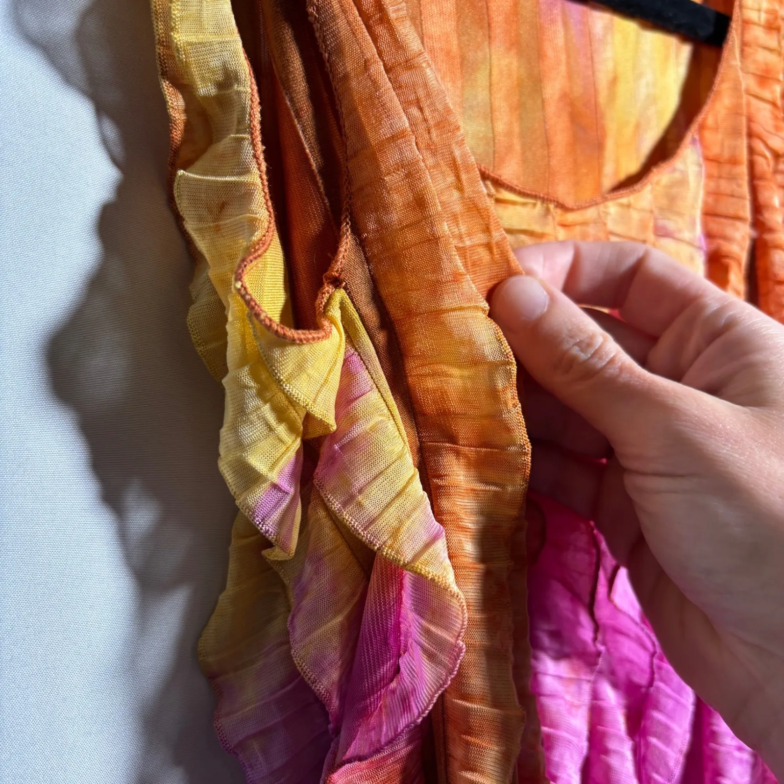 VTG Y2K‎ Sunny Leigh Ruffle Front Tank Top Orange Pink Festival Party USA Made S - Image 6