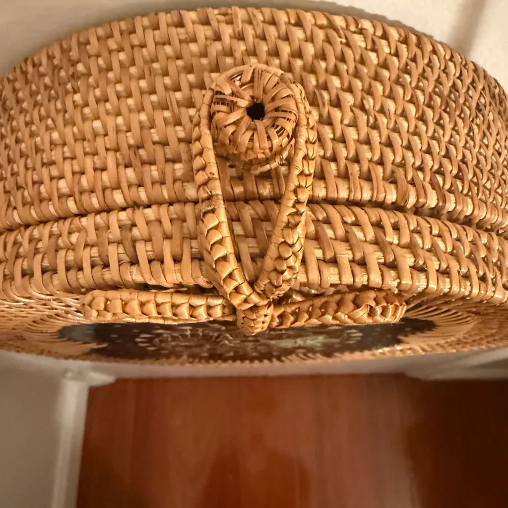 Bali Island Round Woven Rattan Bag with Floral Design Brown - Image 4