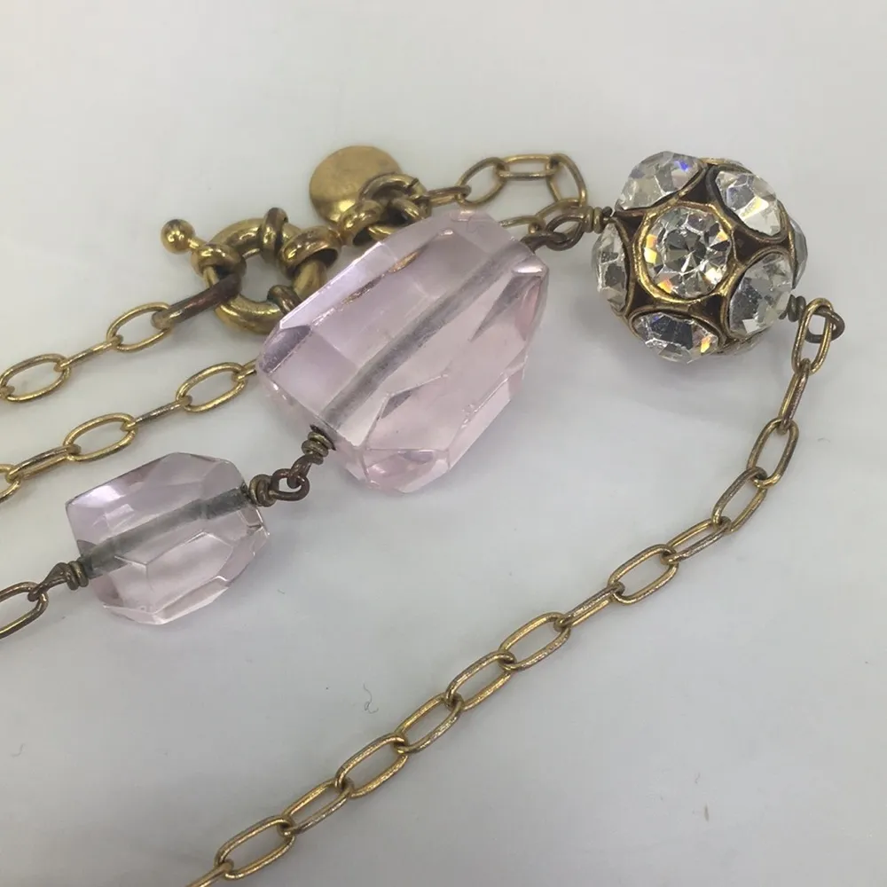 J Crew 32" long necklace pink glass rhinestones gold chain disco ball - Image 7