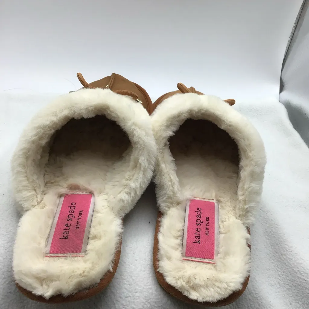 KATE♠️Spade Lacey Brown with White Faux Fur Trim Slippers Size 10 - Image 4