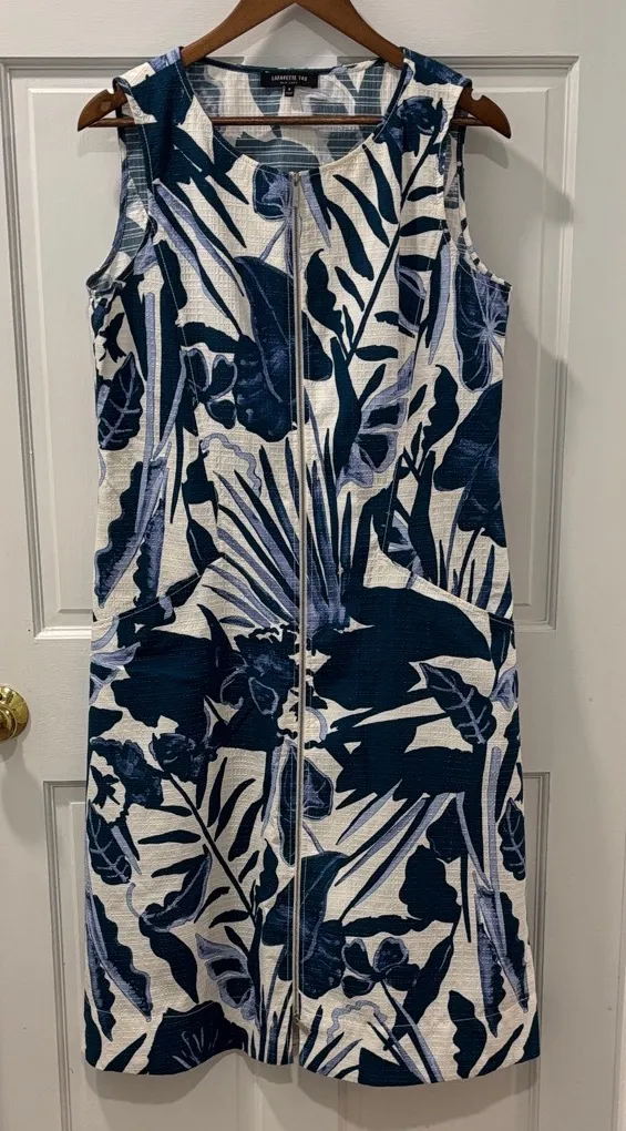 Lafayette 148 Floral Midi Shift Dress Size 8 Blue/White Full Front Zipper EUC - Image 1