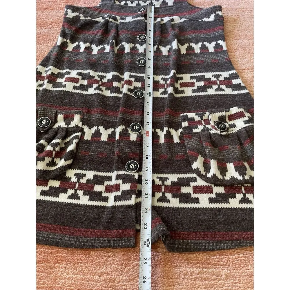 Women’s Boho Knit Mini Sleeveless Tunic Geometric Print Button Up Two Pockets Red Size M - Image 5