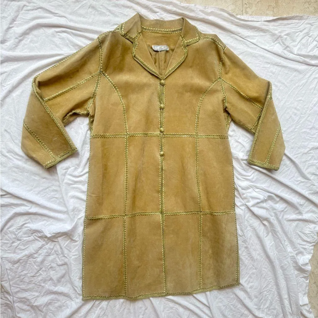 S.M.H. Women's Tan beige crochet knit exposed seam Leather long coat Jacket Size L - Image 2