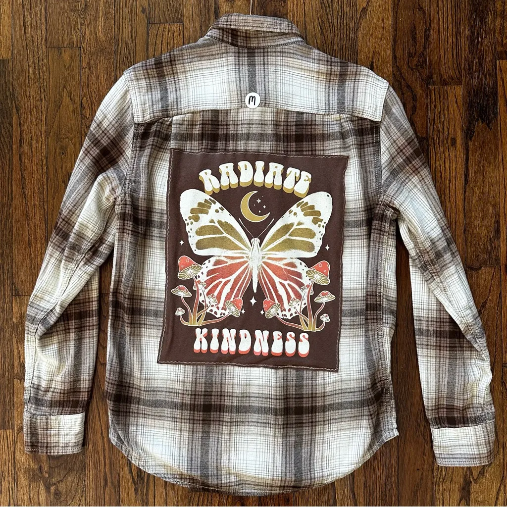 Radiate Kindness Butterfly Graphic Plaid Flannel Shirt Medium - Image 3