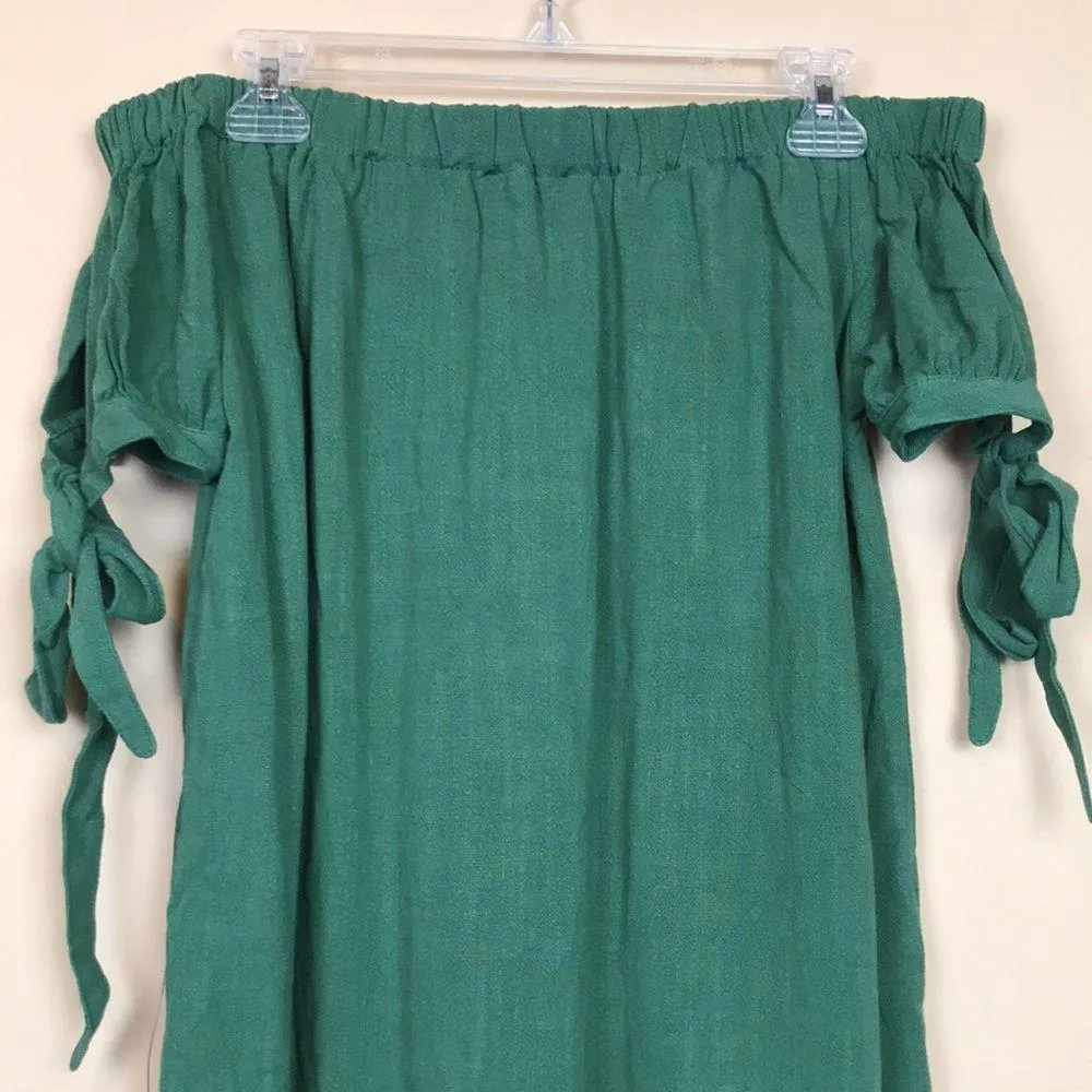 NWT Lulus Women’s Off the Shoulder Cuffs Tie Kelly Green Shift Mini Dress - Image 6