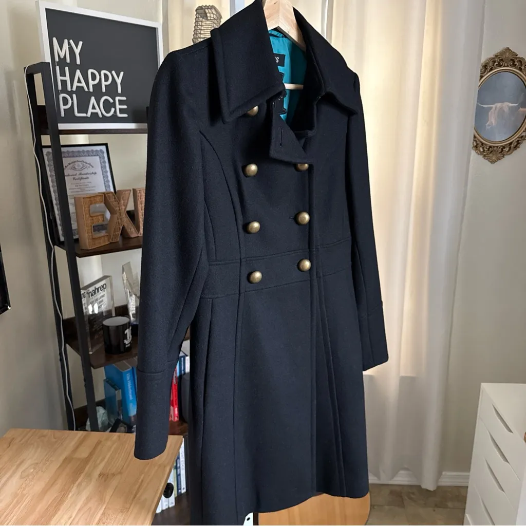 GUESS Pea Coat Women Large Black Wool Shell Lined Jacket Gold Button Size S - Image 4