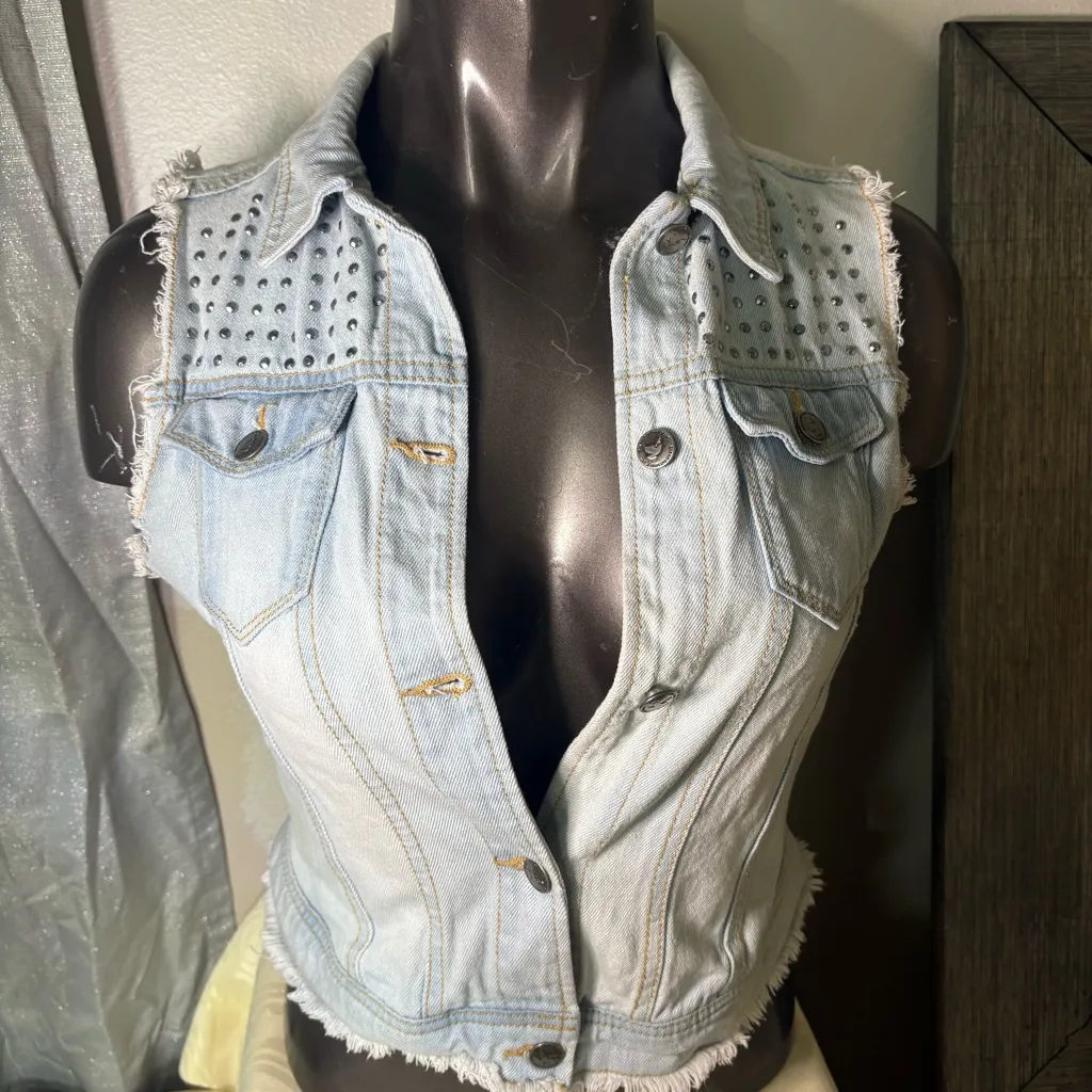 Light Blue Denim Vest with Studded Accents - Image 2