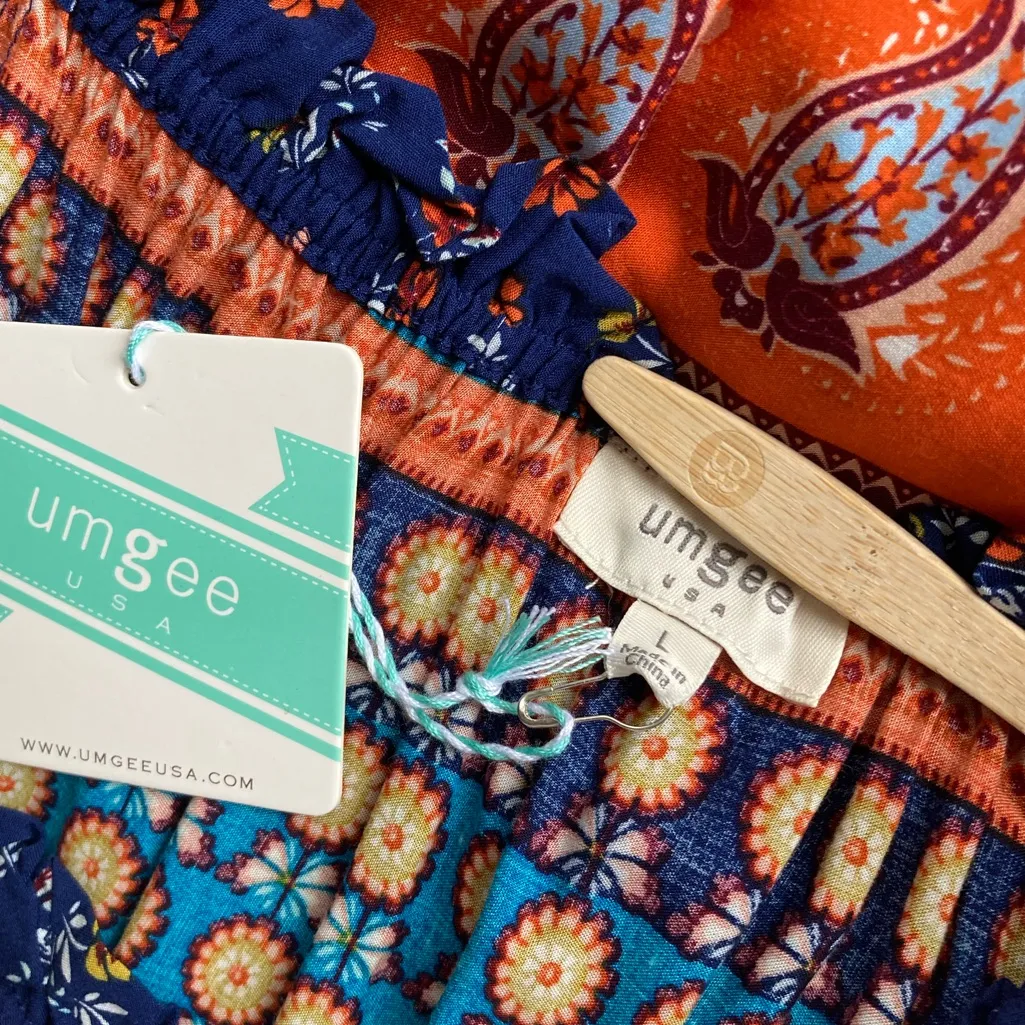 Umgee USA Maxi Dress L Boho Floral Paisley Colorblock Cold Off The Shoulder NWT - Image 9