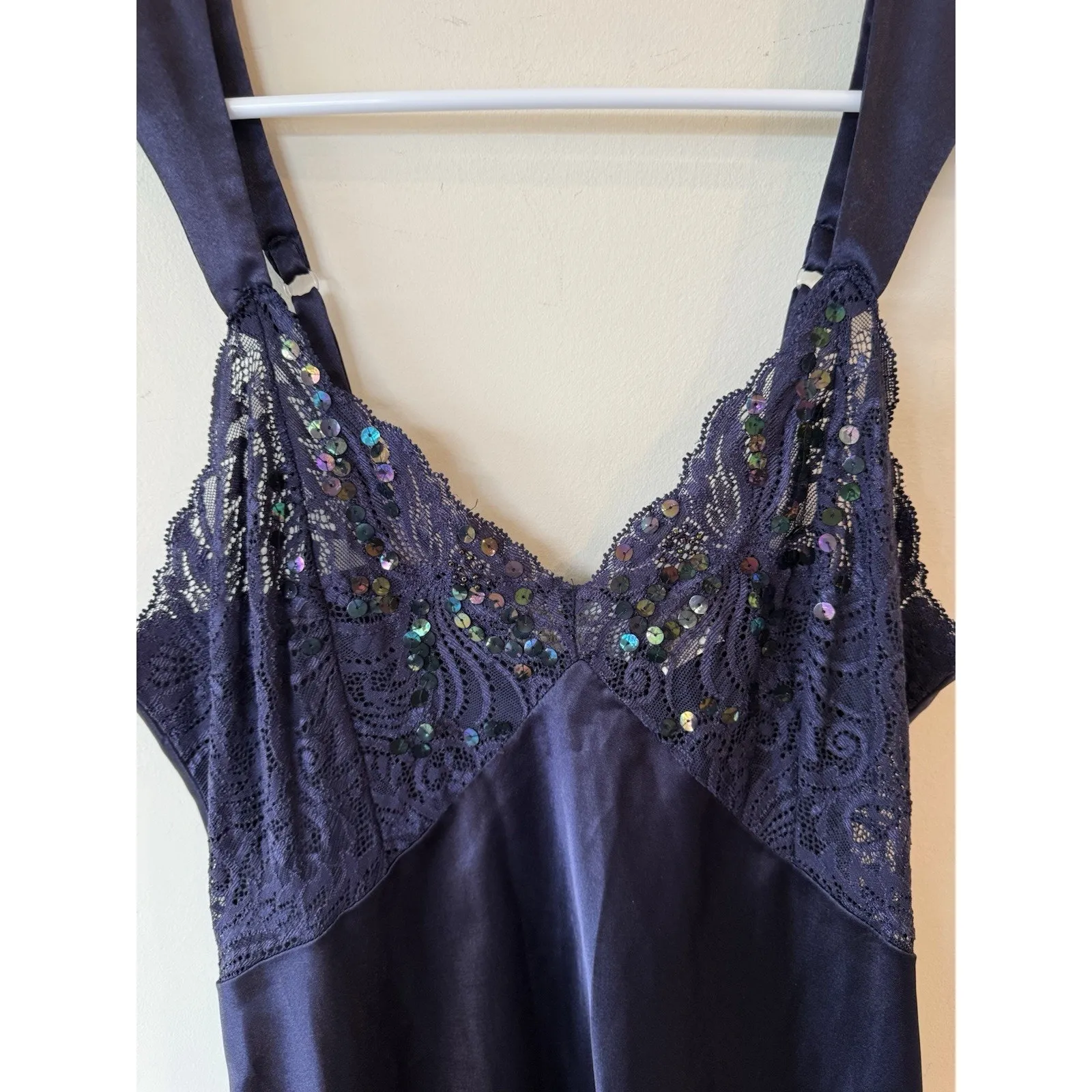 Vintage Victoria's Secret Gold Label Nightgown Satin Lace Sequin Blue Sexy Small - Image 4