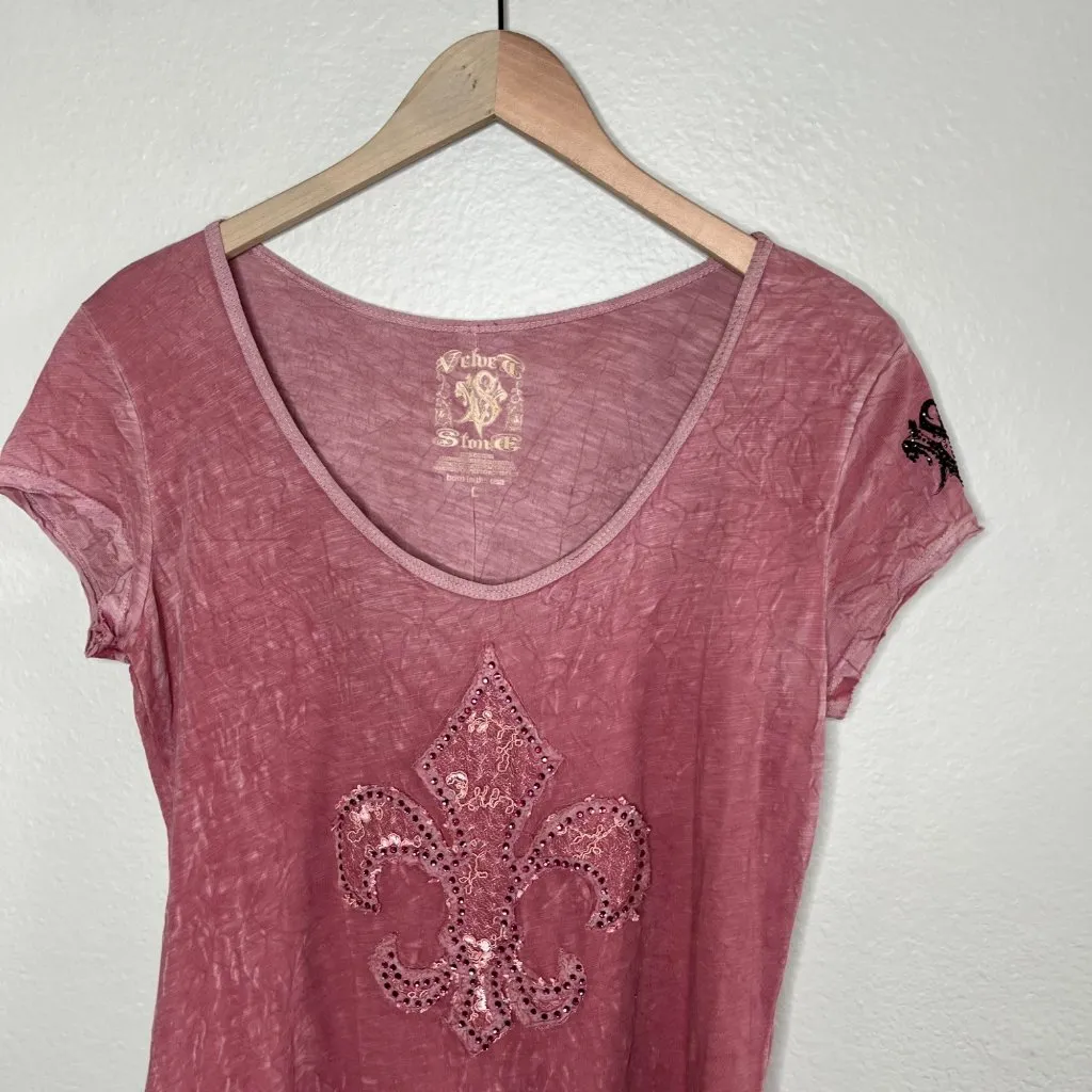 Velvet Stone Womens y2k Dusty Rose Pink Sequin Fleur T - Image 3