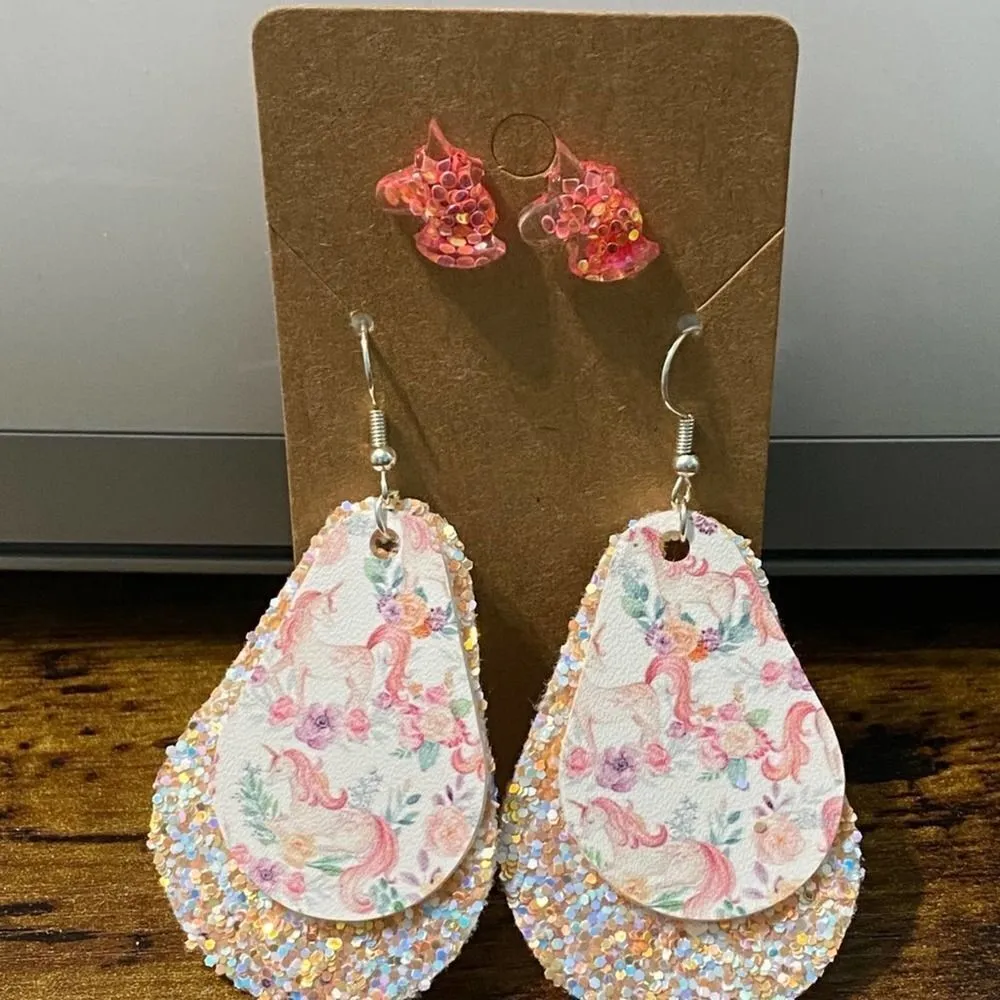 Women's Glitter Unicorn‎ Earring Set Dangle And Studs Peach Set Vegan Leather - Image 4