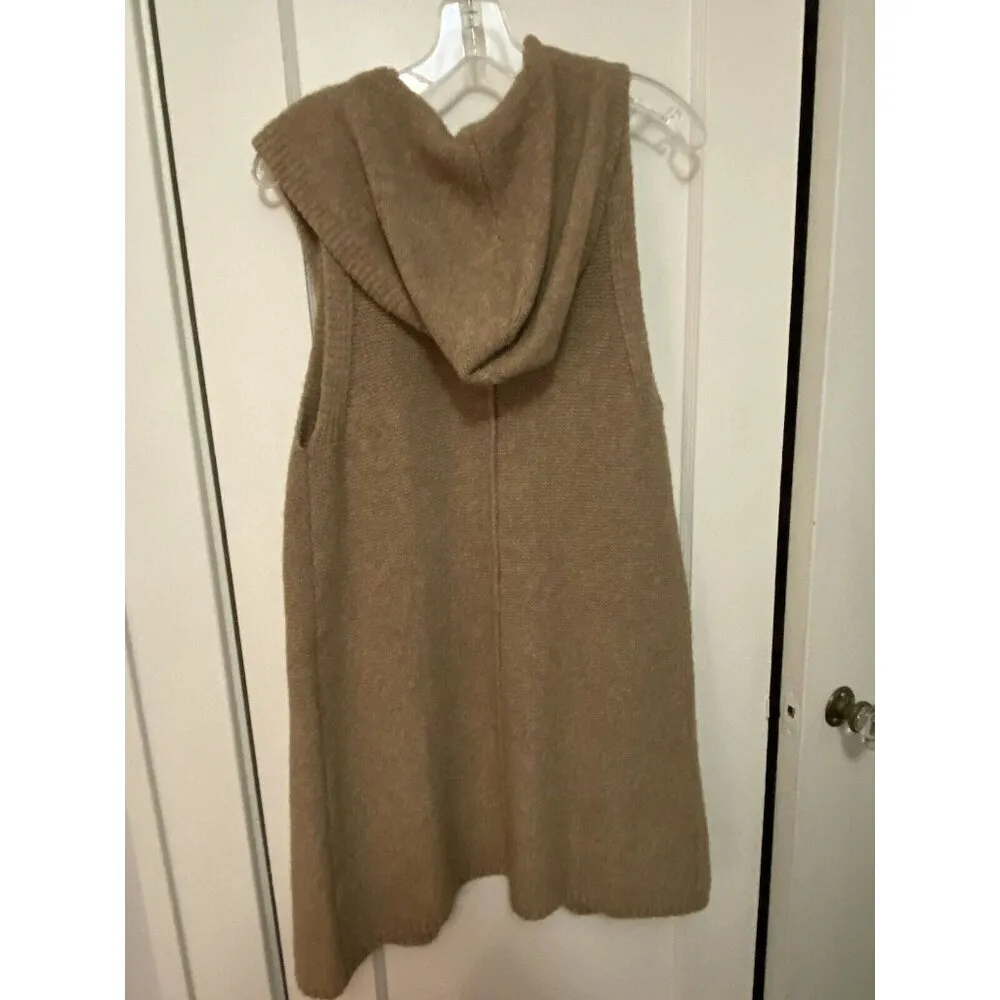 Tahari Cardigan Vest Women Size M Dark Beige Hooded Longline Pockets Sleeveless - Image 5