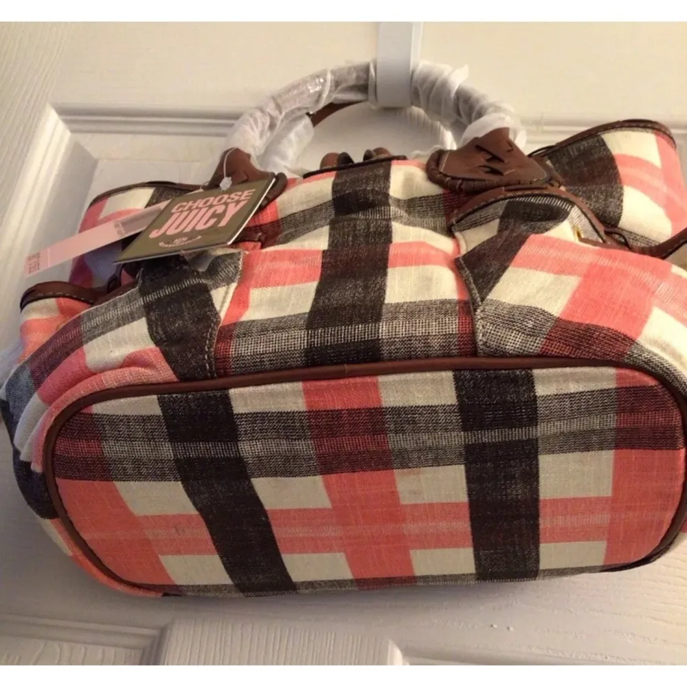 Juicy Couture Pam & Gela Pink and Brown Plaid Preppy Satchel Bag New with Tags - Image 5