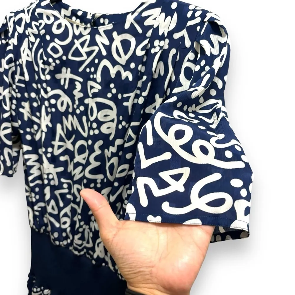 Vintage Liz Claiborne 80s 90s Padded Shoulder Navy White Midi Dress - 10 - Image 3