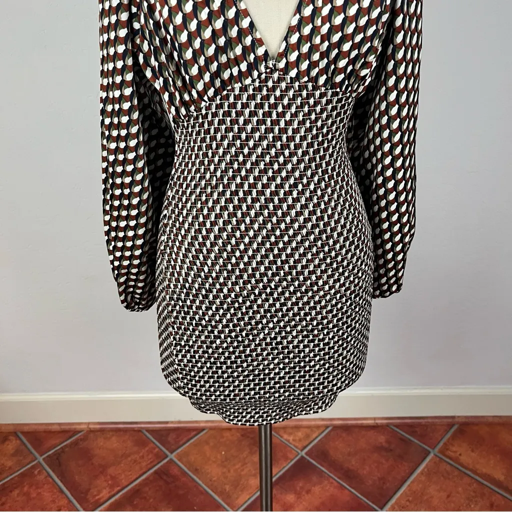 ACOA Patterned Balloon Sleeve Smock Dress Brown - Image 4