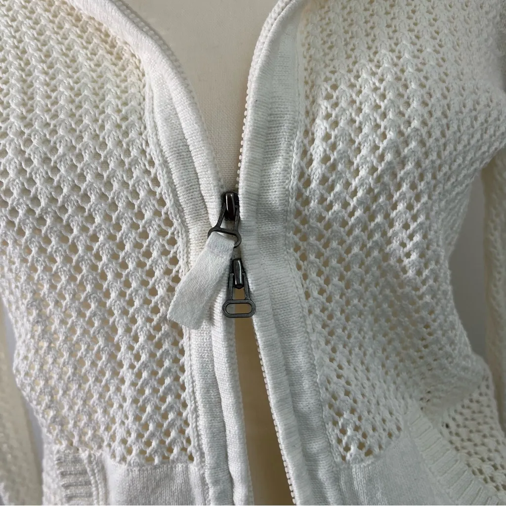 Vintage Y2K Athleta White Crochet Knit Double Zipper Hoodie Sweater Womens Small - Image 4