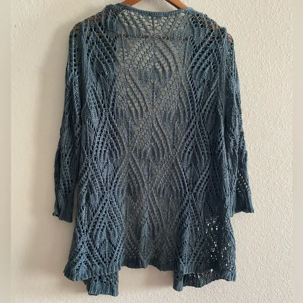 Neiman Marcus Women Crochet Blue Open Cardigan 3/4 Sleeve Size XL Boho Casual - Image 2