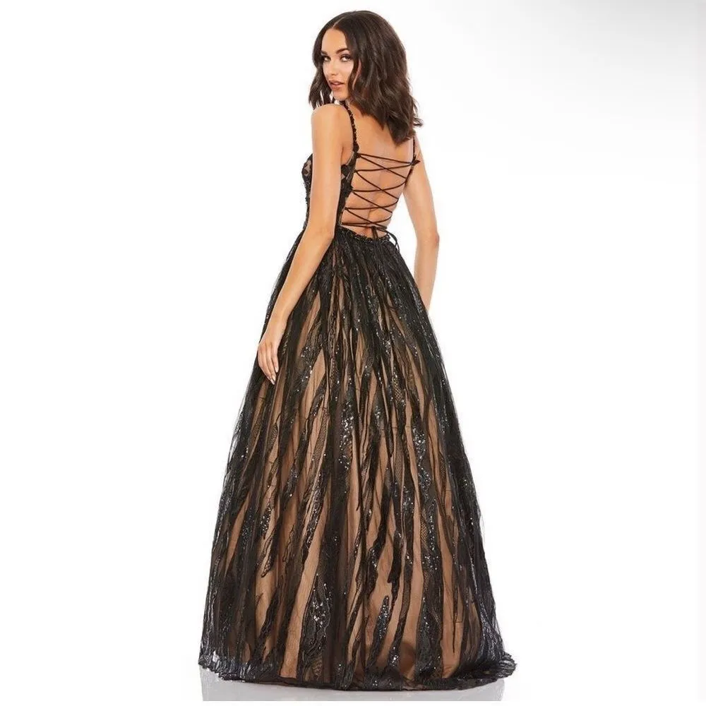 Mac Duggal 67563  Womens Black Floral Applique Tie Back Lace Gown Dress - Image 5