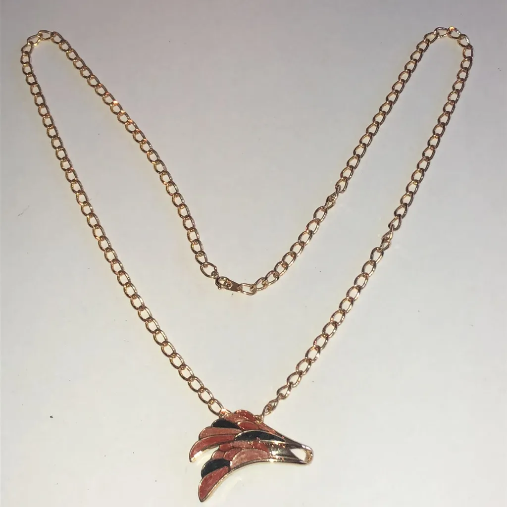 Angel Brand Signed Gold Tone Reddish Orange Black Enamel Pendant Necklace - Image 4