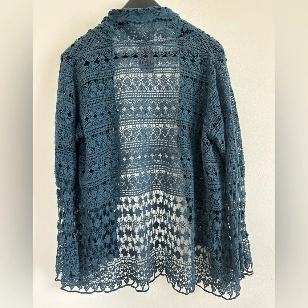 Johnny Was Cardigan Size Small‎ Blue Bobble Crochet Floral Boho Coastal Festival - Image 4