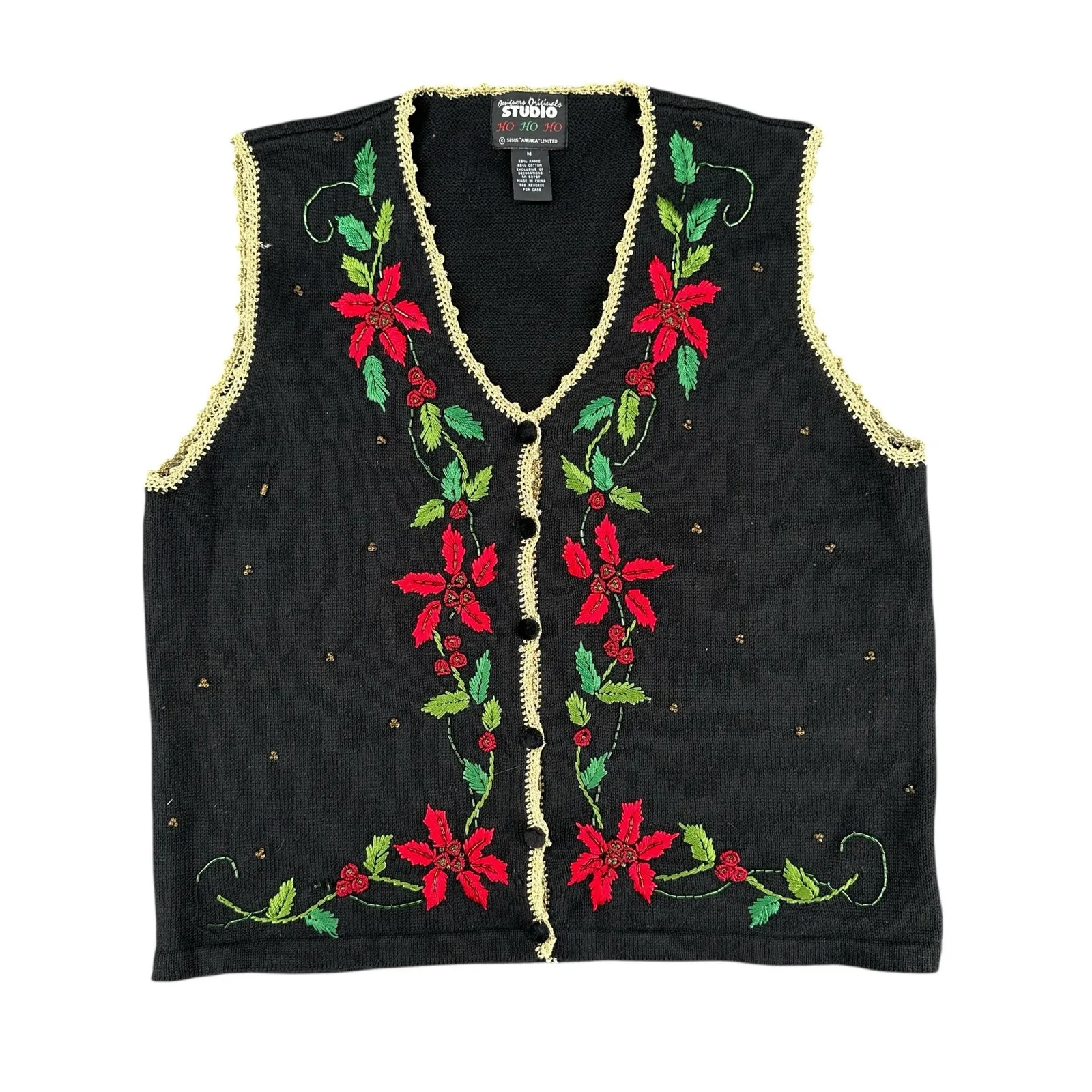 Holiday Sweater Vest Vintage Black Red Flowers Christmas Medium Embroidered - Image 2
