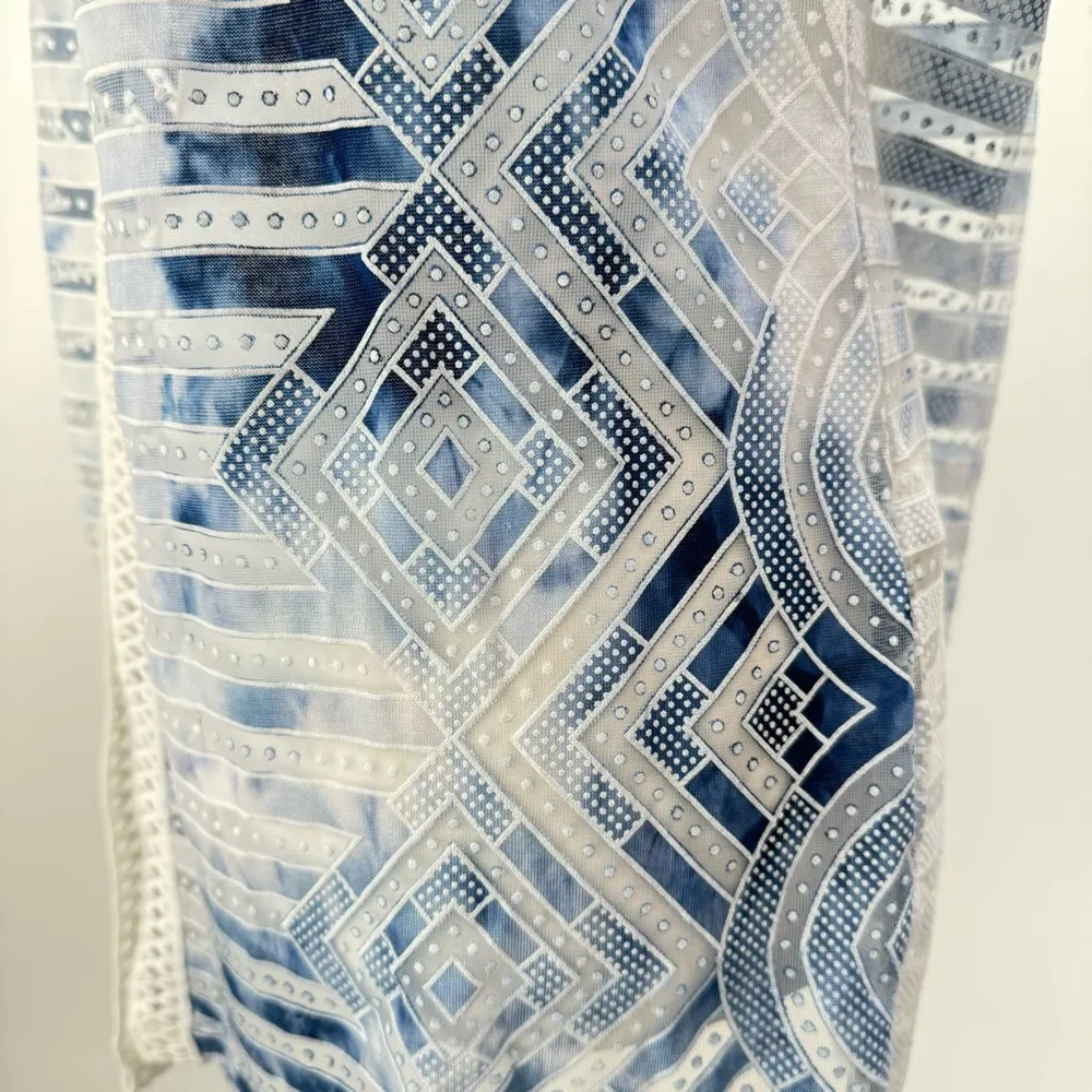 Chico’s Blue & Cream Sheer Crochet Lace Trim Open Front Lightweight Vest Sz 1/M - Image 8