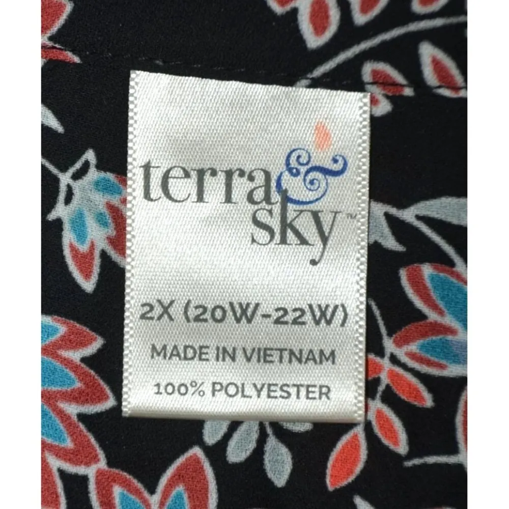 Terra & Sky Black Colorful Floral Blouse Plus Size 2X Button Front V-Neck Belt - Image 8