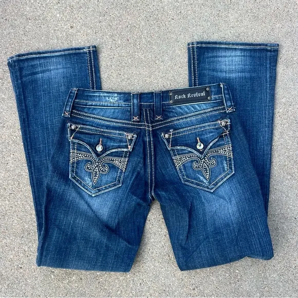 Rock Revival Sora Boot Cut Jeans bling embroidered flap pocket 28x32 - Image 2