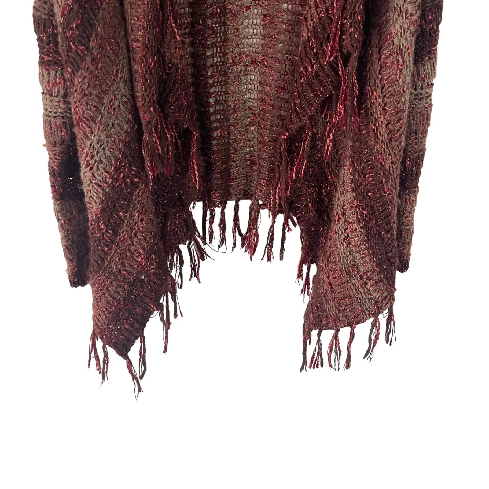 Mismash Women's Size XS/S Burgundy‎ Knit Open Front Fringe Boho Cardigan Sweater Red - Image 3