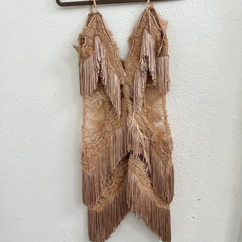 BANJUL  Sheer Floral Lace Fringe V-Neck Bandage Dress Camel Brown Women's Size 2 - Image 6