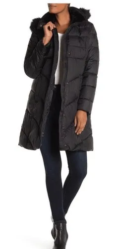 LARRY LEVINE Faux Fur Trim Removable Hooded Long Puff Coat, Black, Small, NWT - Image 1