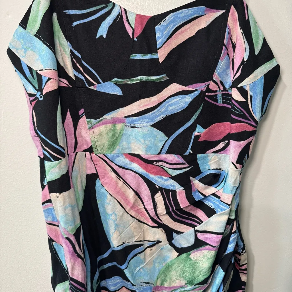 EUC Zara Linen Blend Tropical Print‎ Corset Ruched Midi Dress Size Small - Image 3