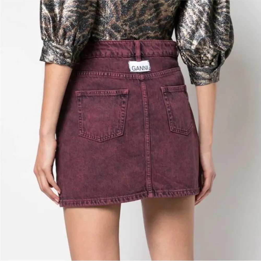 Ganni Colored Washed Denim Mini Skirt red/maroon EUC - Image 2