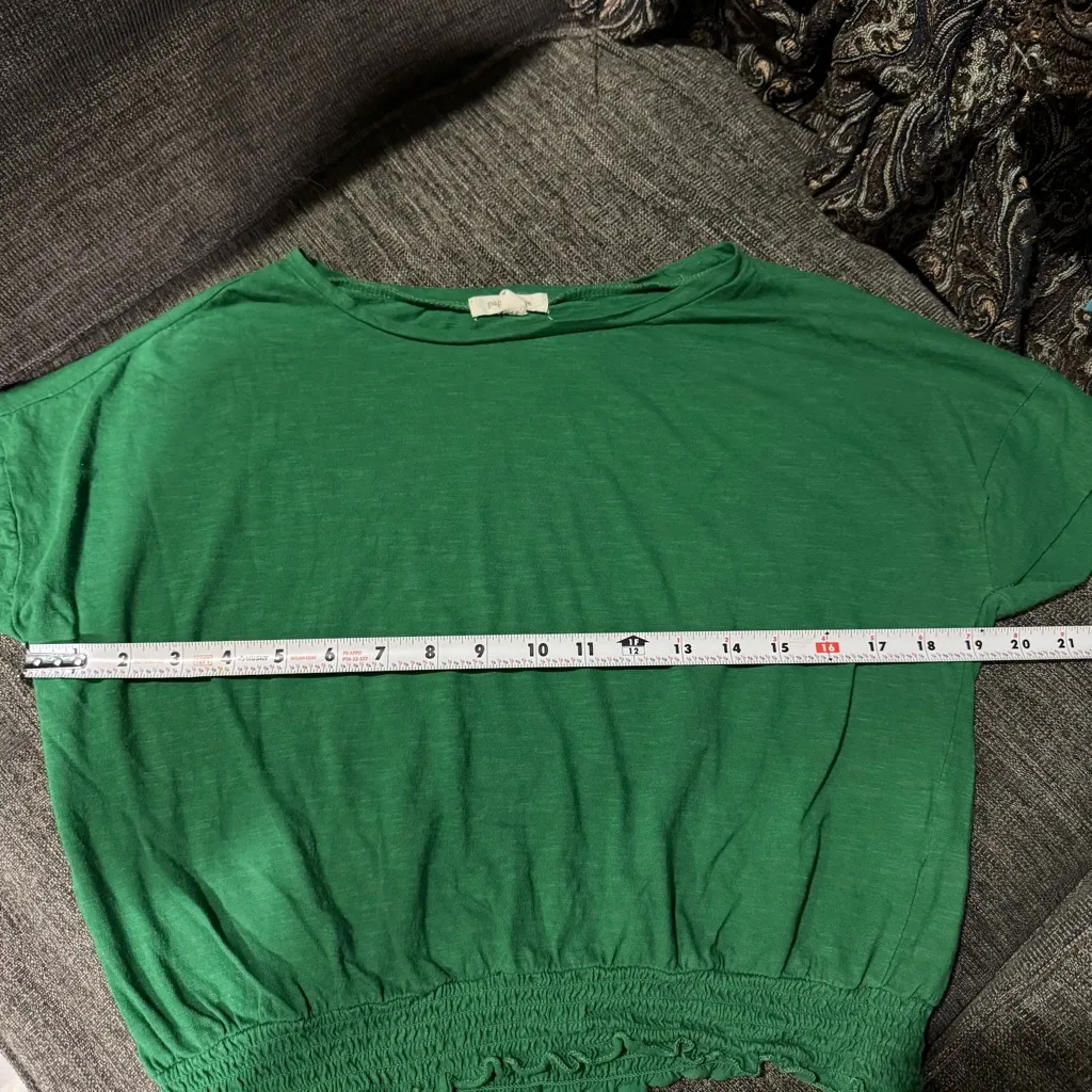 Paper + Tee Women Green High Neck Smocked Hem Cropped Cotton Top Sz L - Image 10