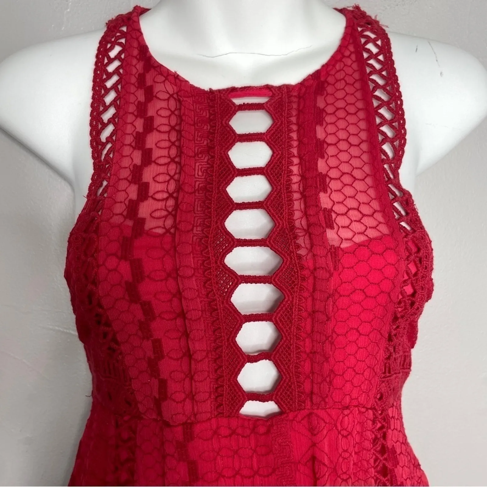 FREE PEOPLE Dress Womens Size 2 Cherry Red Crochet Mini Holiday Date Valentines - Image 4